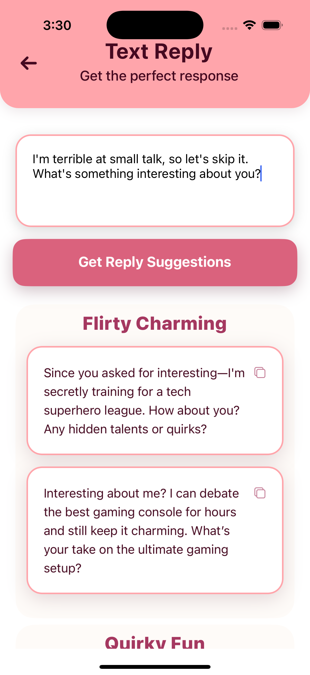 Flirty text response generator showing AI-powered flirty replies and dating conversation suggestions on mobile app interface